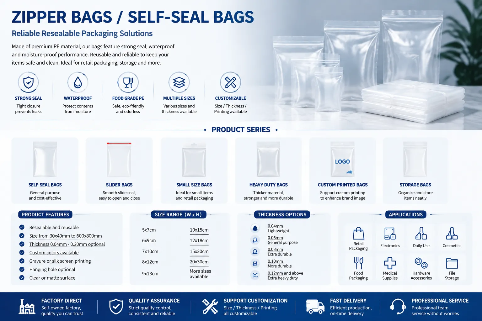 Packora custom zipper bags with zip lock for retail and storage